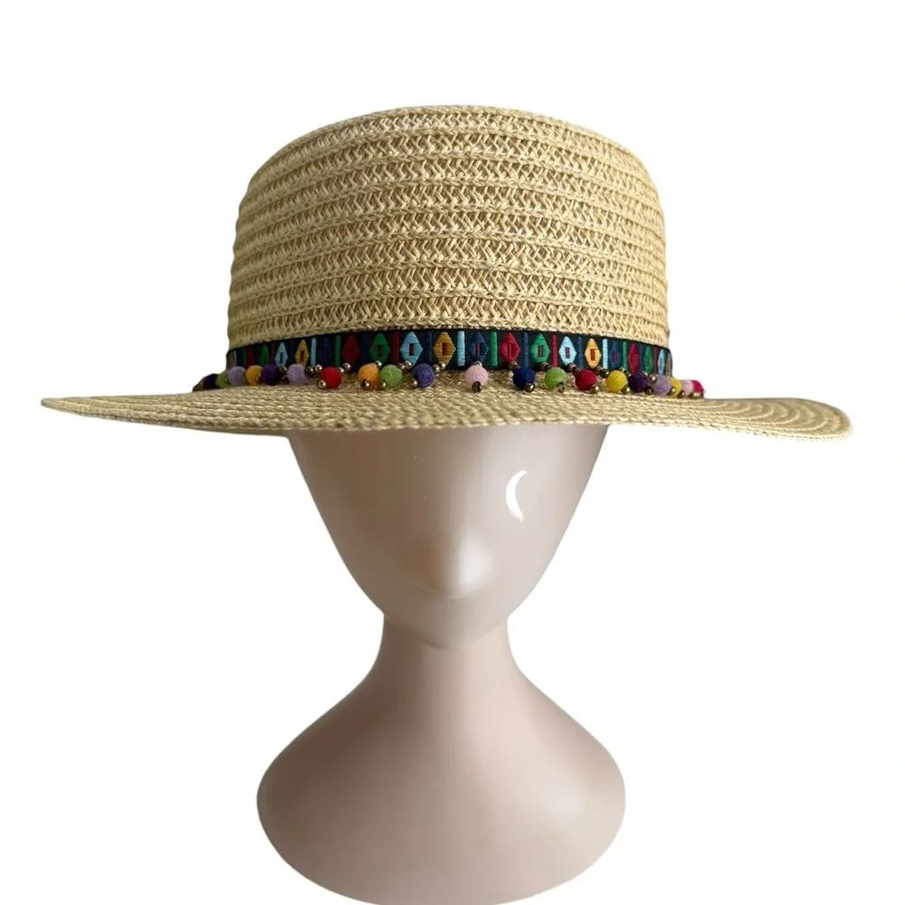 Steve Madden Colorful Pom-Pom Straw Hat beachy Shade Resort Vacation Pool